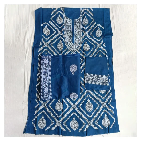 Blue Cotton 3 Piece Unstitched Salwar Kameez | নীল হ্যান্ড এমব্রয়ডারি থ্রি পিস