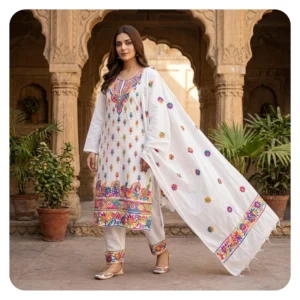 White Cotton 3 Piece Unstitched | সাদা এমব্রয়ডারি থ্রি পিস