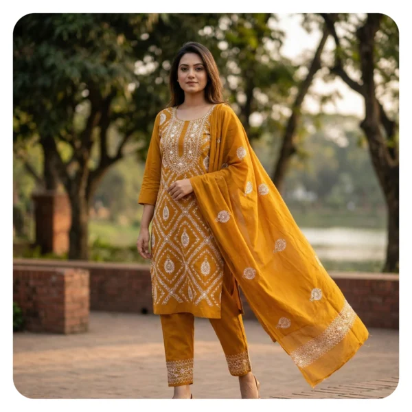 Mustard Yellow Cotton 3 Piece Unstitched | সরিষা এমব্রয়ডারি থ্রি পিস
