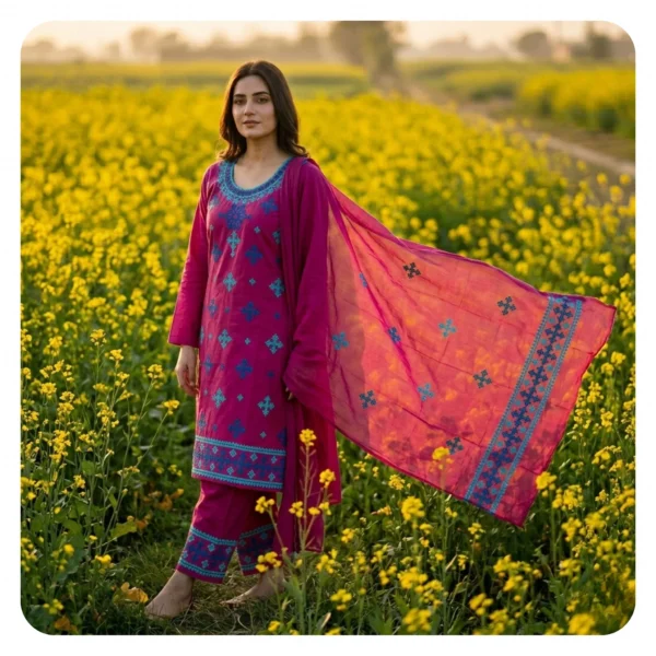 Pink Cotton 3 Piece Unstitched | গোলাপি এমব্রয়ডারি থ্রি পিস