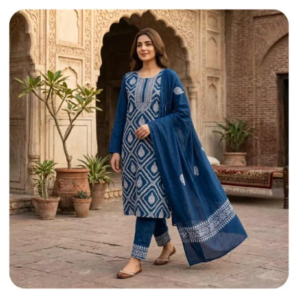 Blue Cotton 3 Piece Unstitched Salwar Kameez | নীল হ্যান্ড এমব্রয়ডারি থ্রি পিস