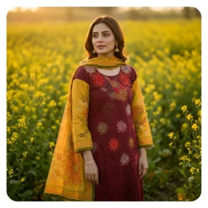 Maroon Cotton 2 Piece Unstitched | ফিরোজা এমব্রয়ডারি থ্রি পিস